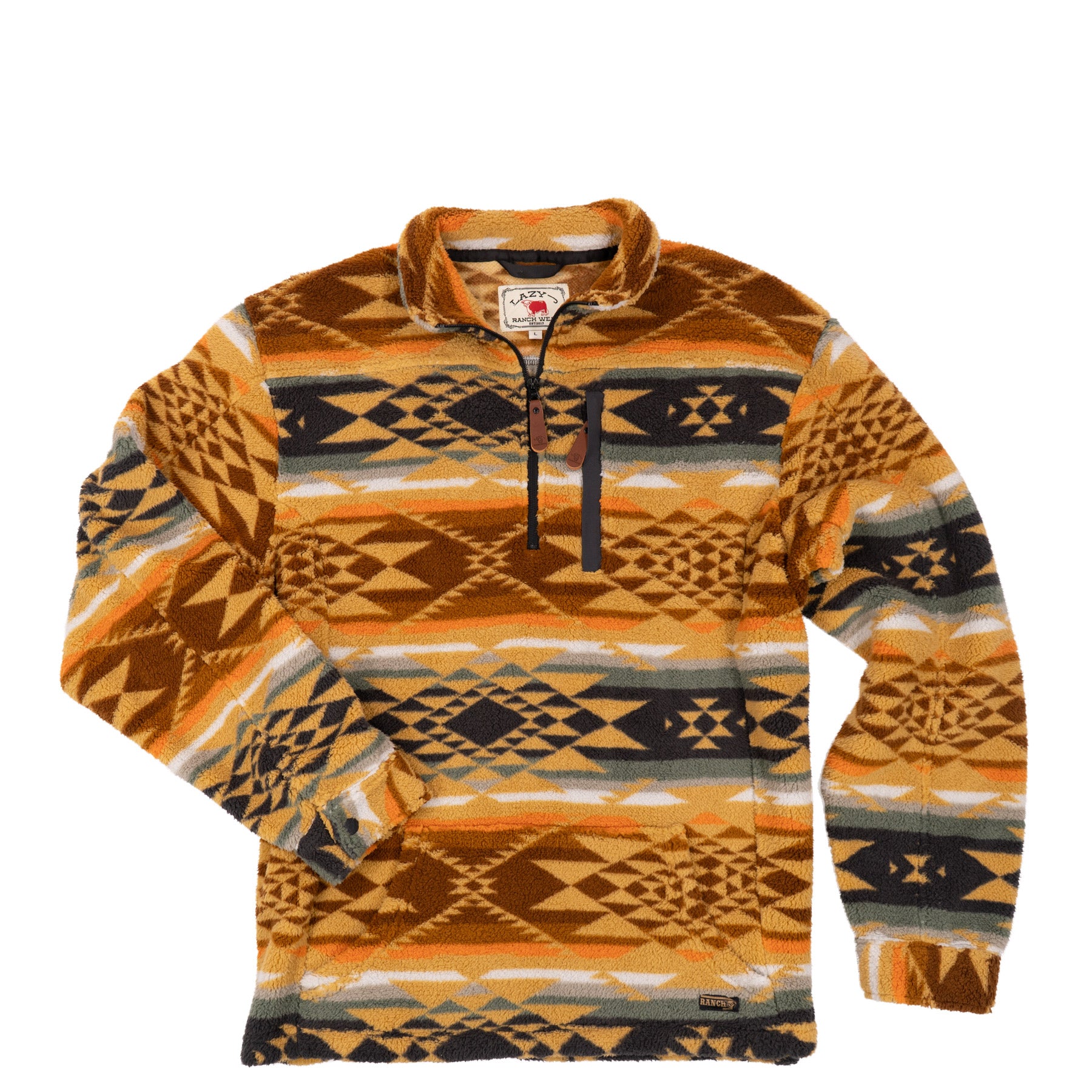 Lazy J Ranch Men's Aztec Print Quarter Zip Fleece Pullover - Mustard