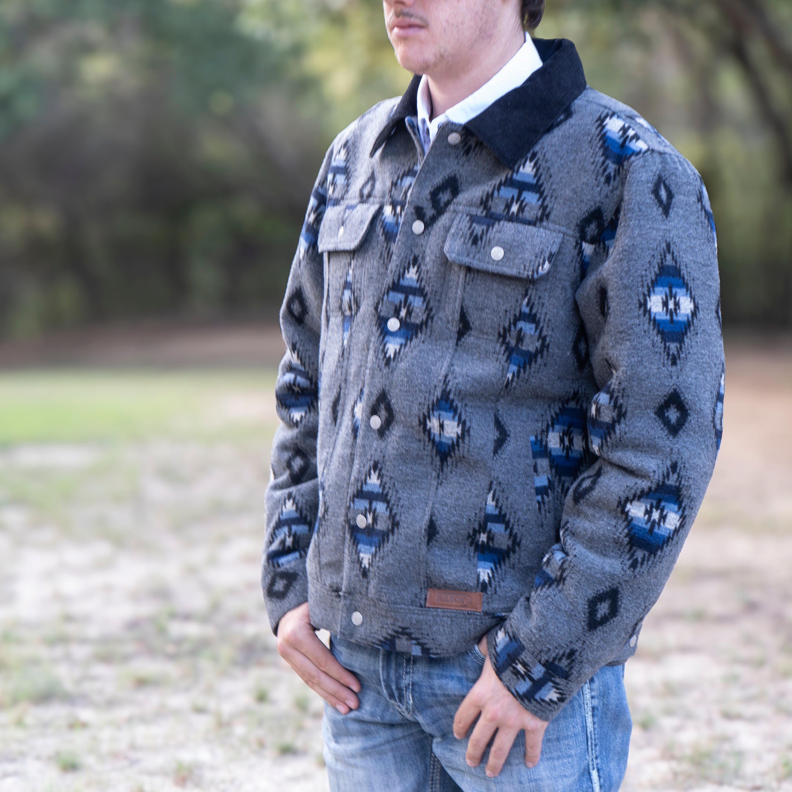 Lazy J Men's Southwestern Print Trucker Jacket - Grey